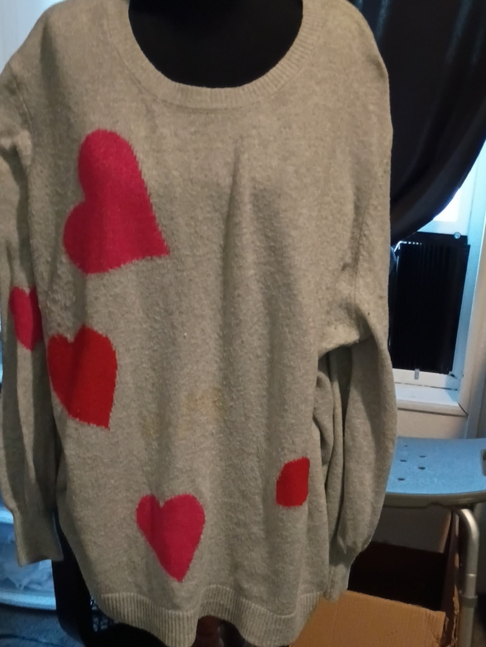 Terra & Sky Gray Sweater with Red and Pink Heart Motifs